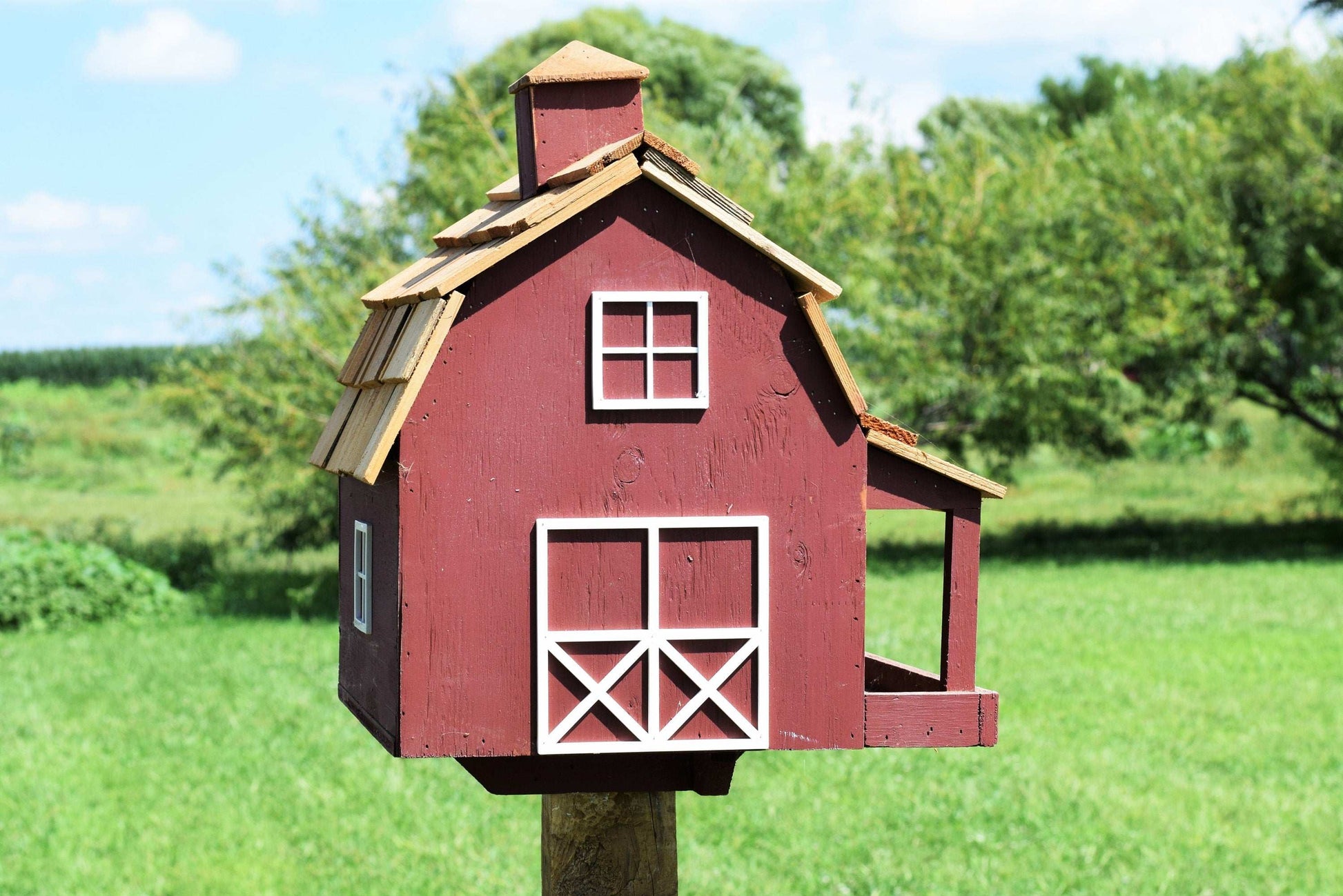 reclaimed red barn bird feeder