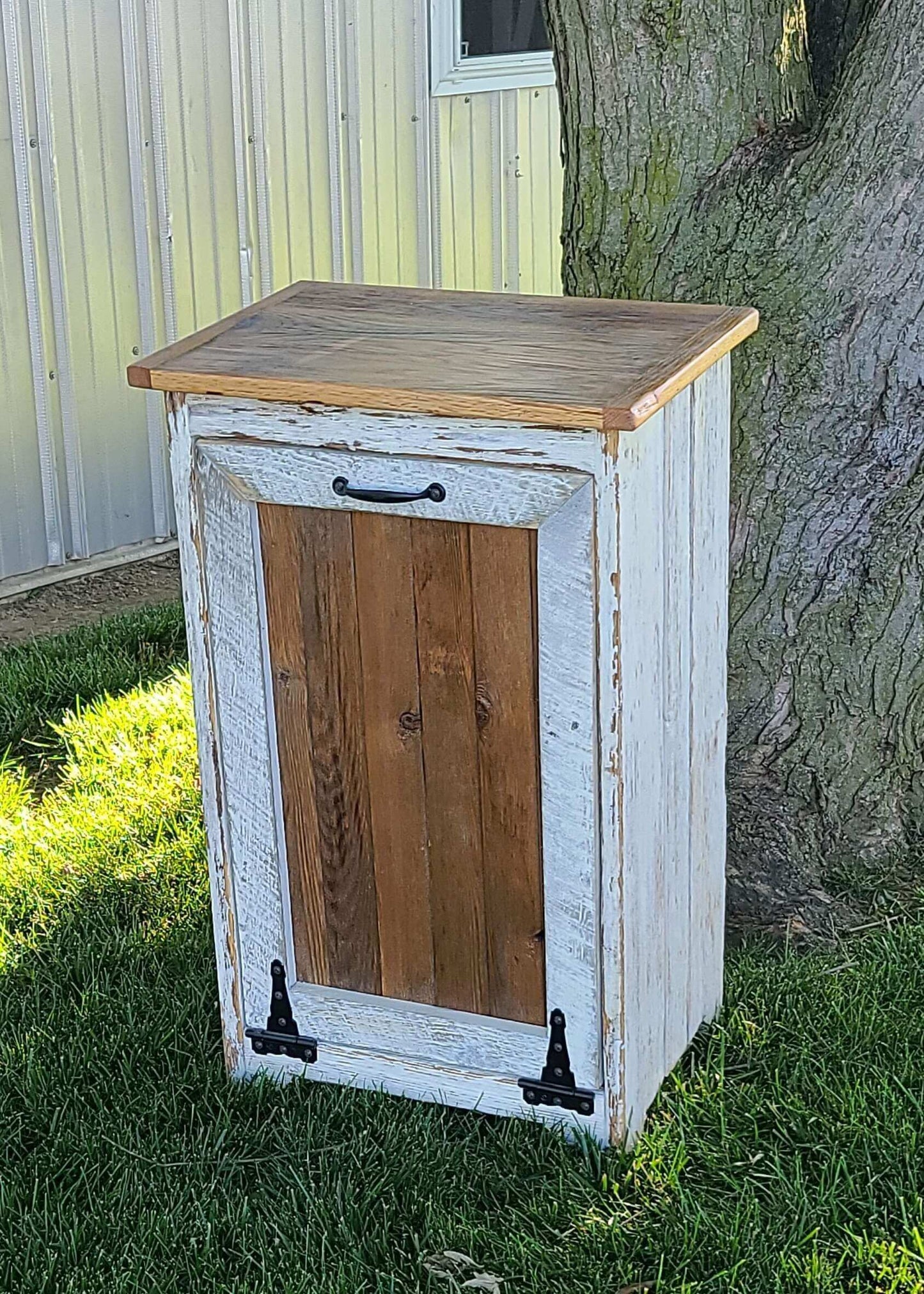 reclaimed trash bin wooden door