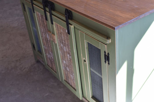 rustic green tv cabinet close up