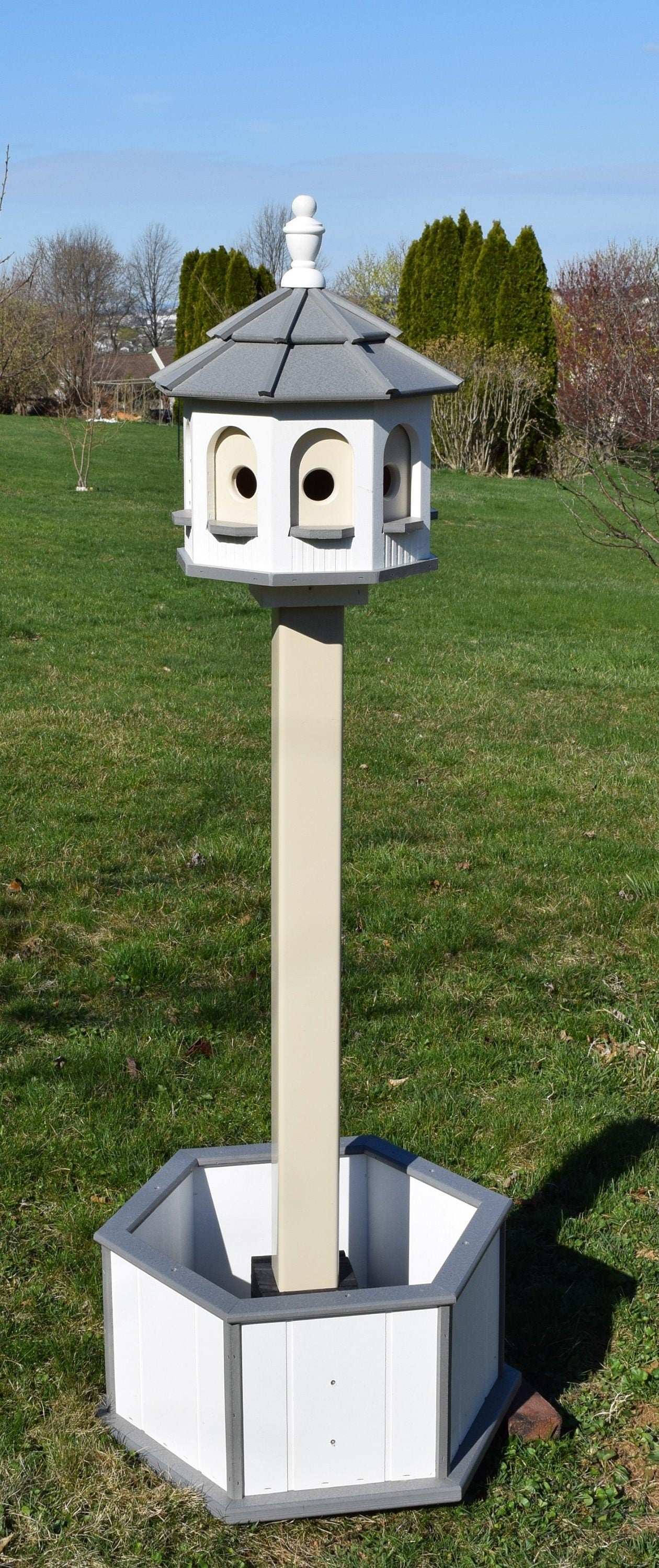 small pol gazebo birdhouse white and grey with post and planter