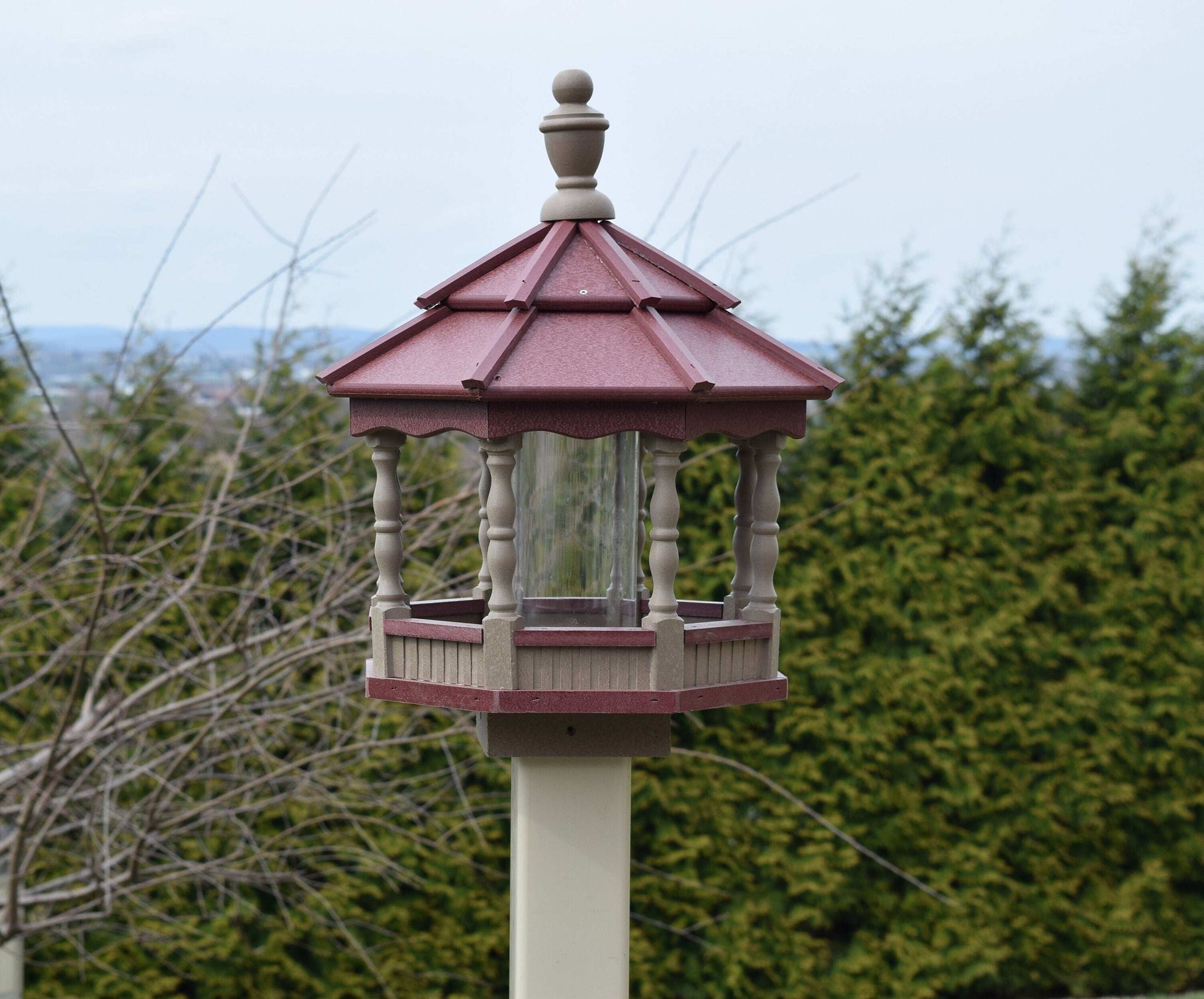 small poly spindle bird feeder clay and burgundy