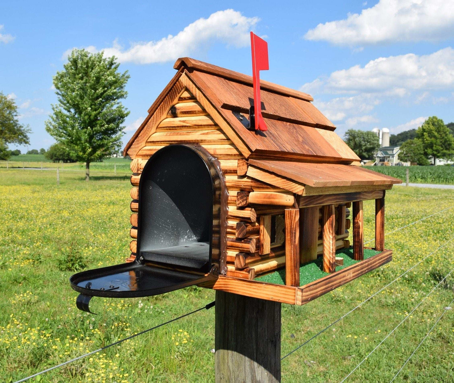 stain log cabin with porch