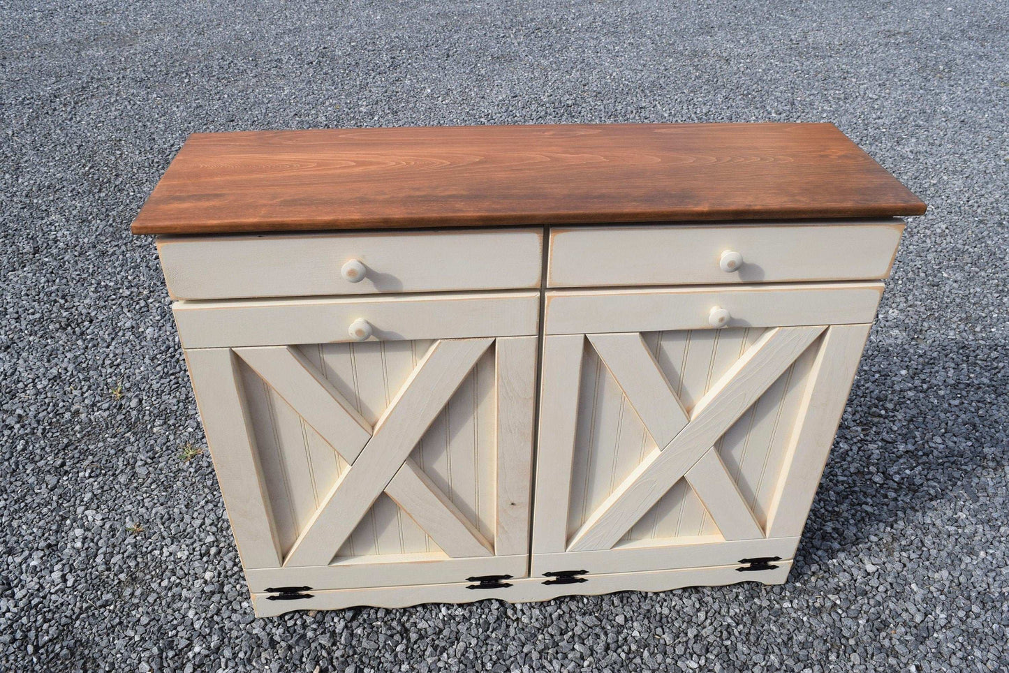 top view of antique white and modern walnut double trash bin x door