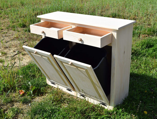 open drawers and open doors on unfinished double trash bin no trim