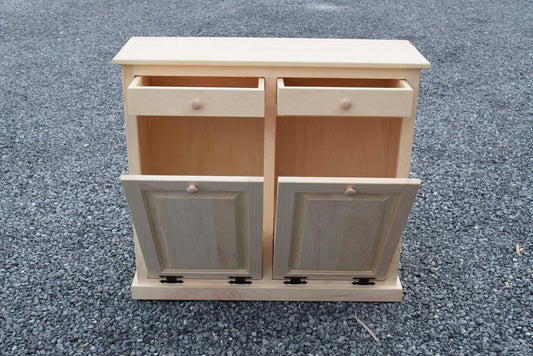 unfinished double trash bin open drawers and doors
