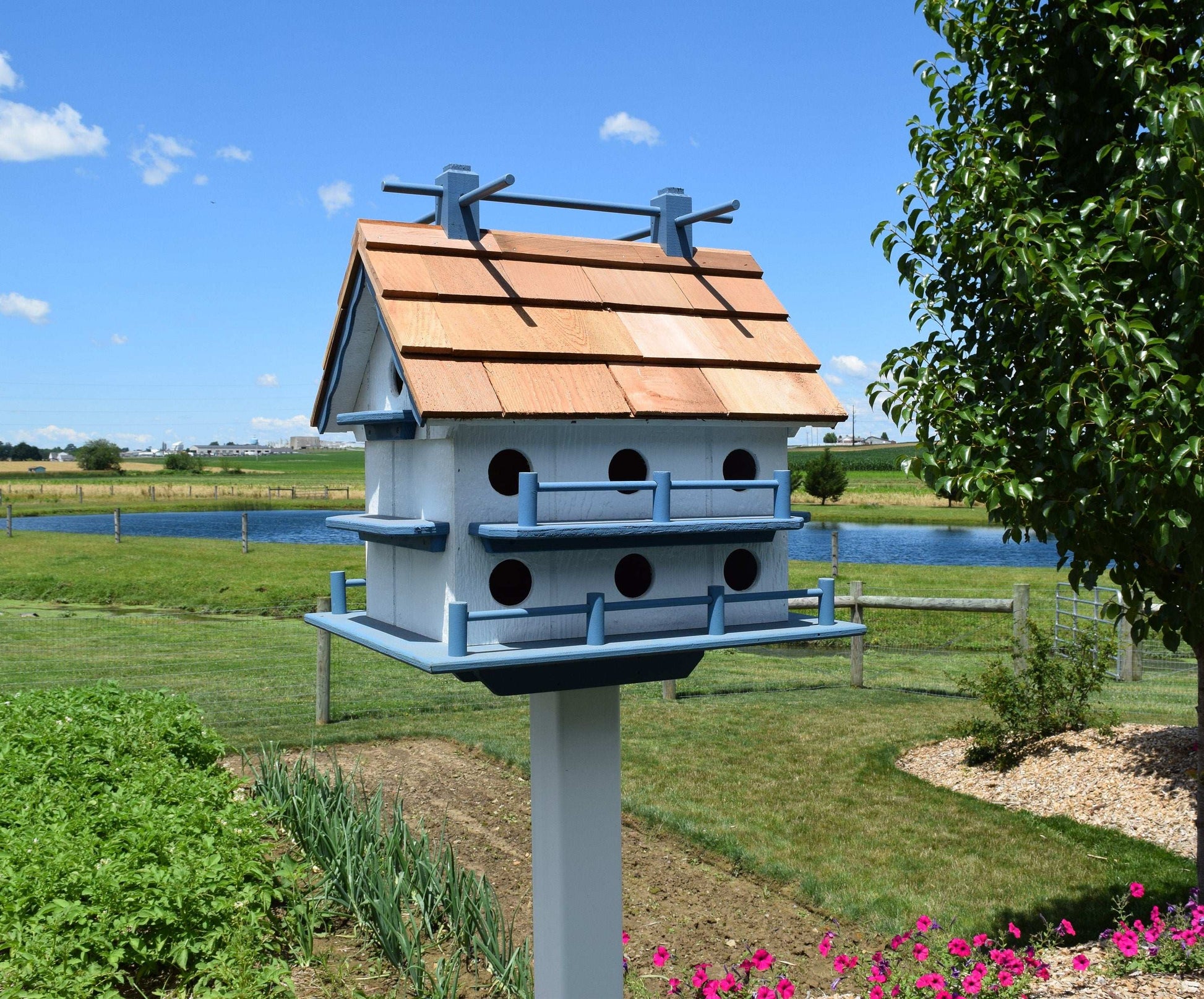 white and blue martin birdhouse
