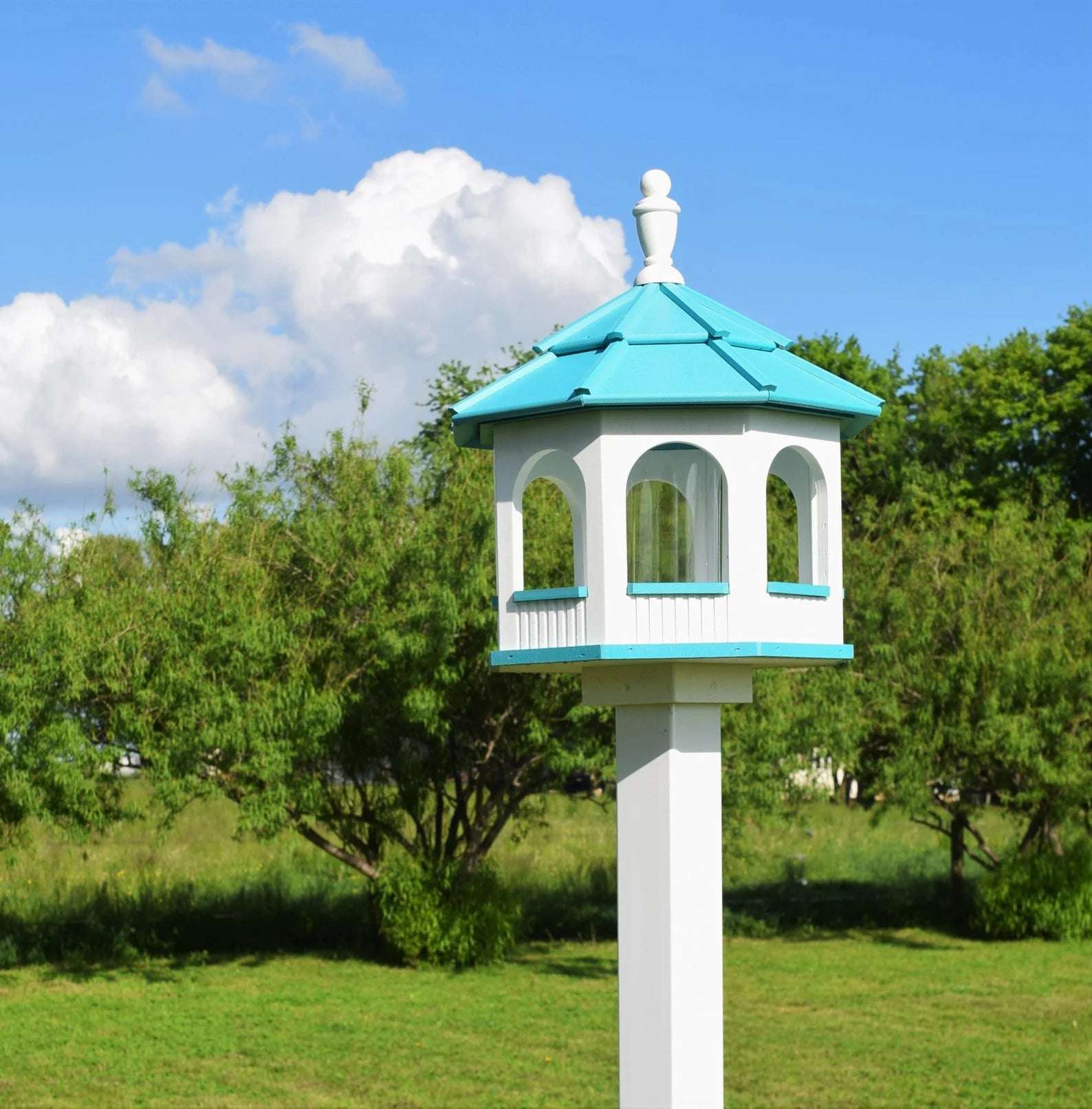 large poly octagon bird feeder white and bright teal