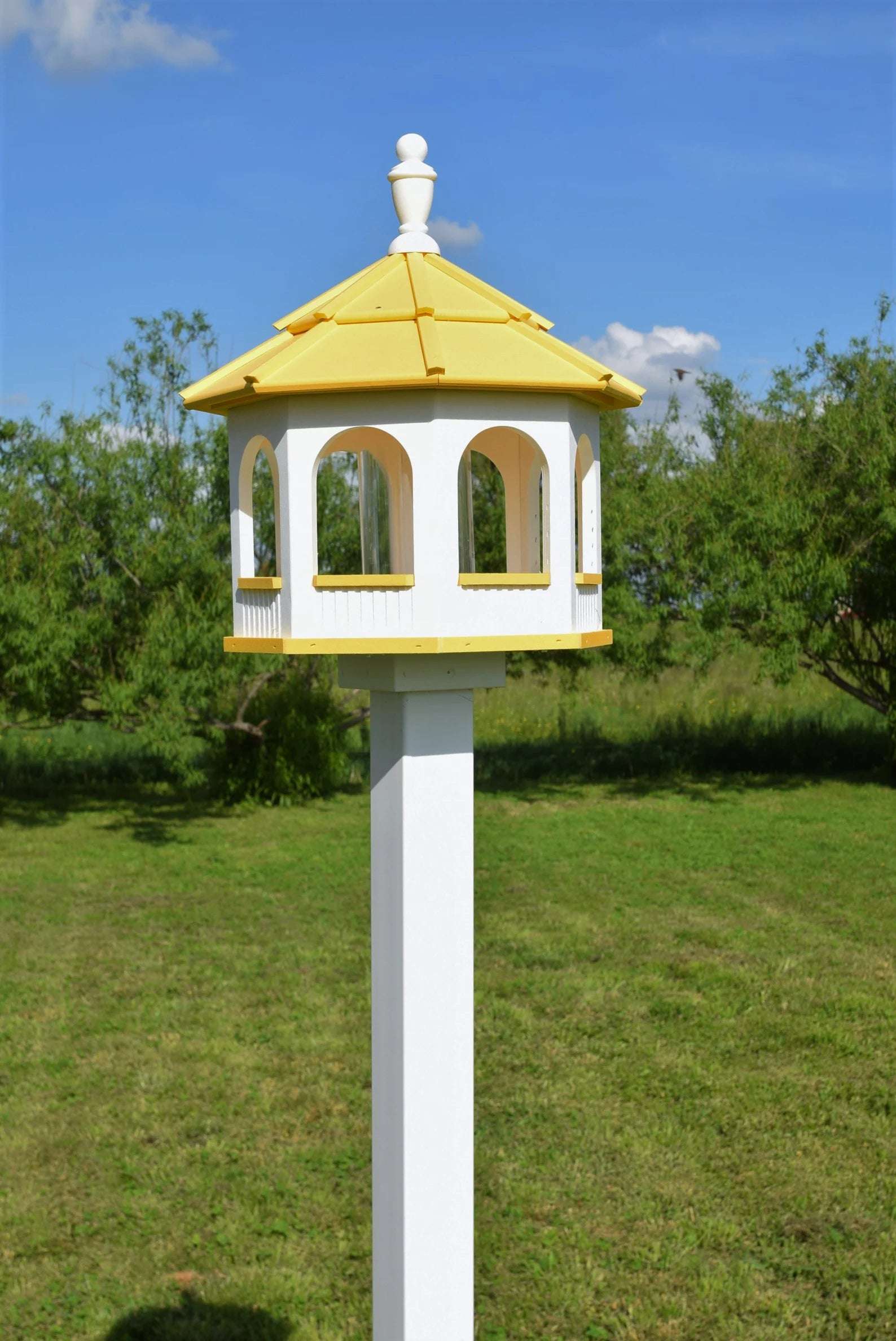 large poly octagon bird feeder white and bright yellow