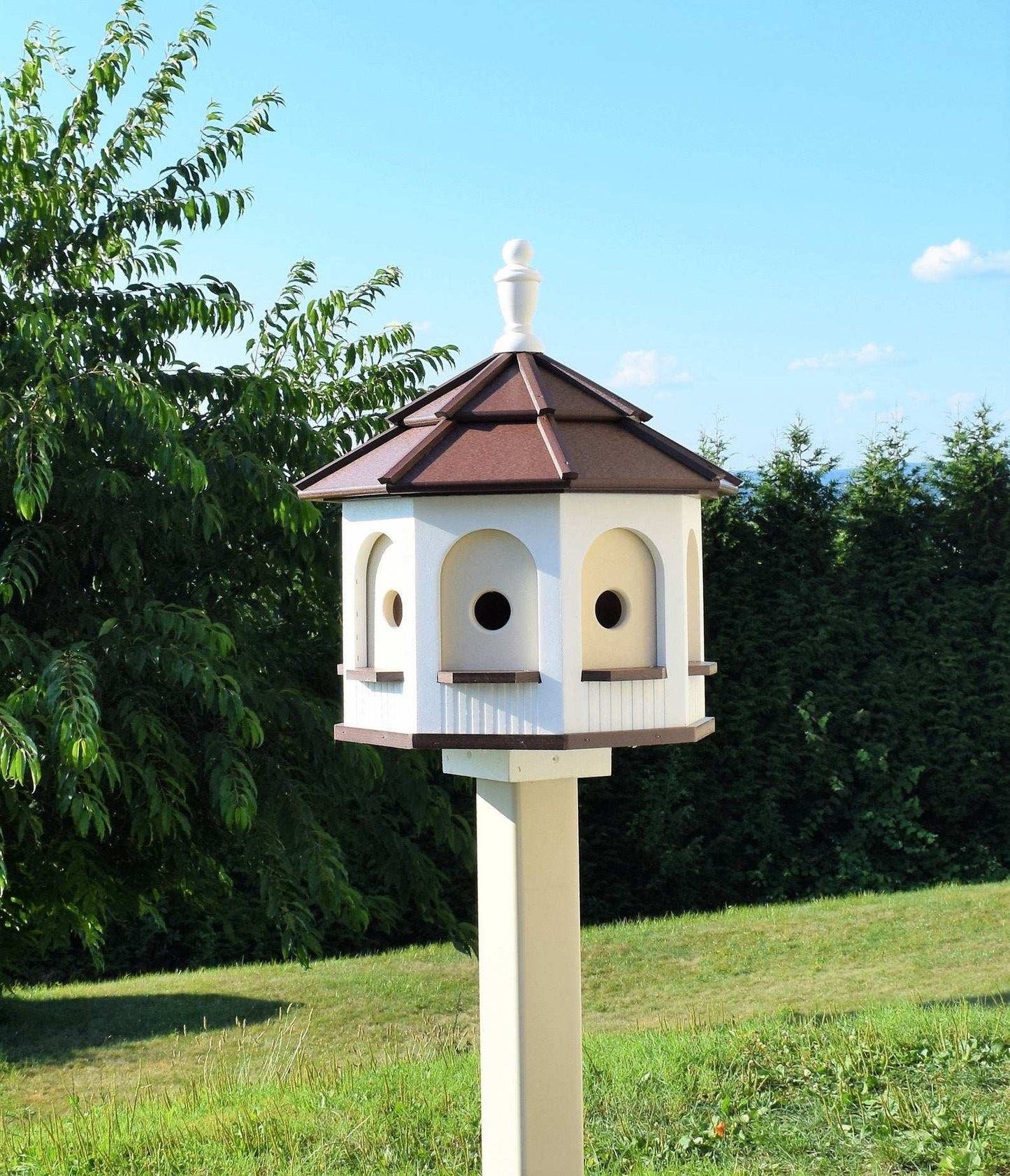 white and brown poly birdhouse