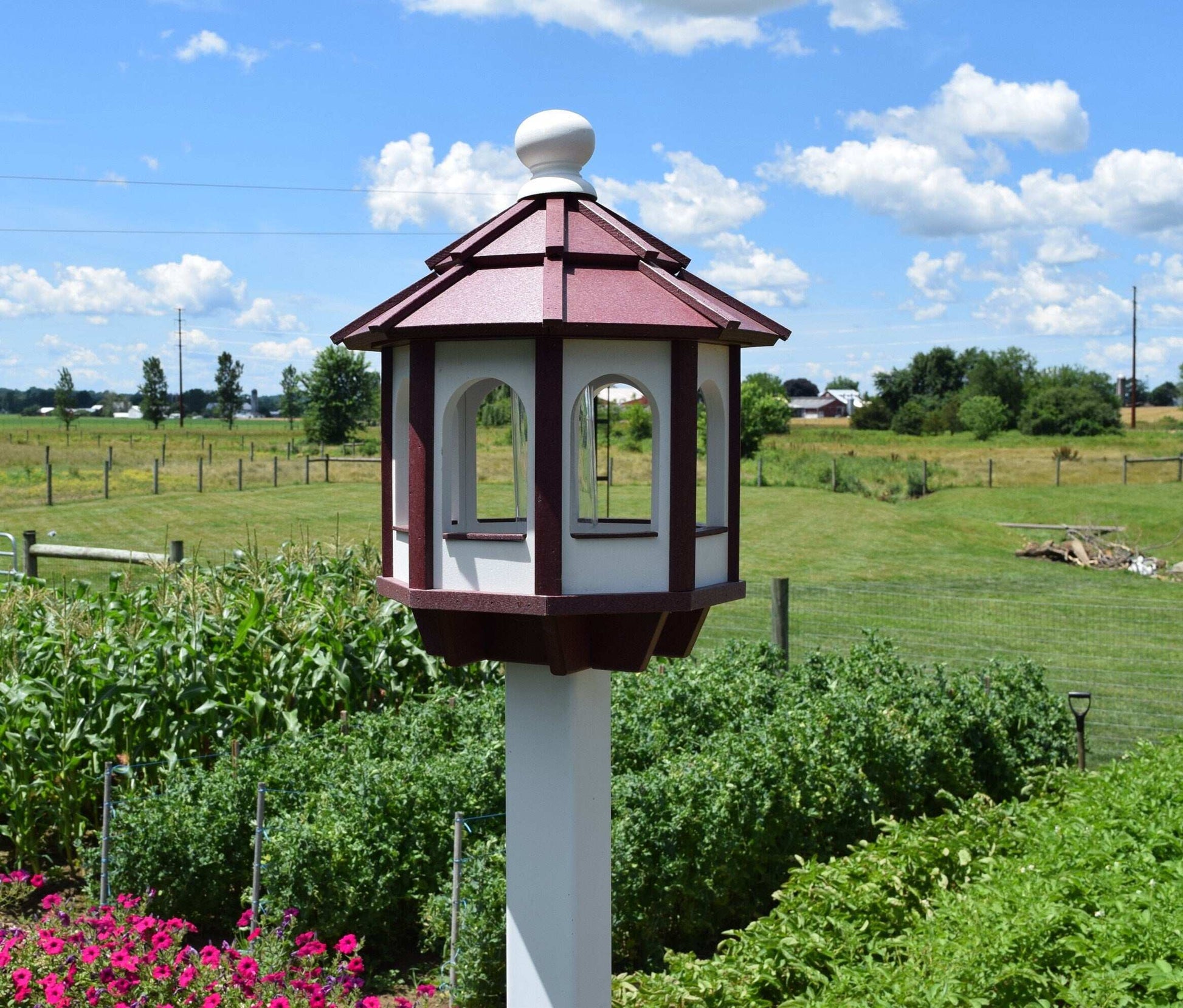 octagon poly bird feeder white and burgundy red
