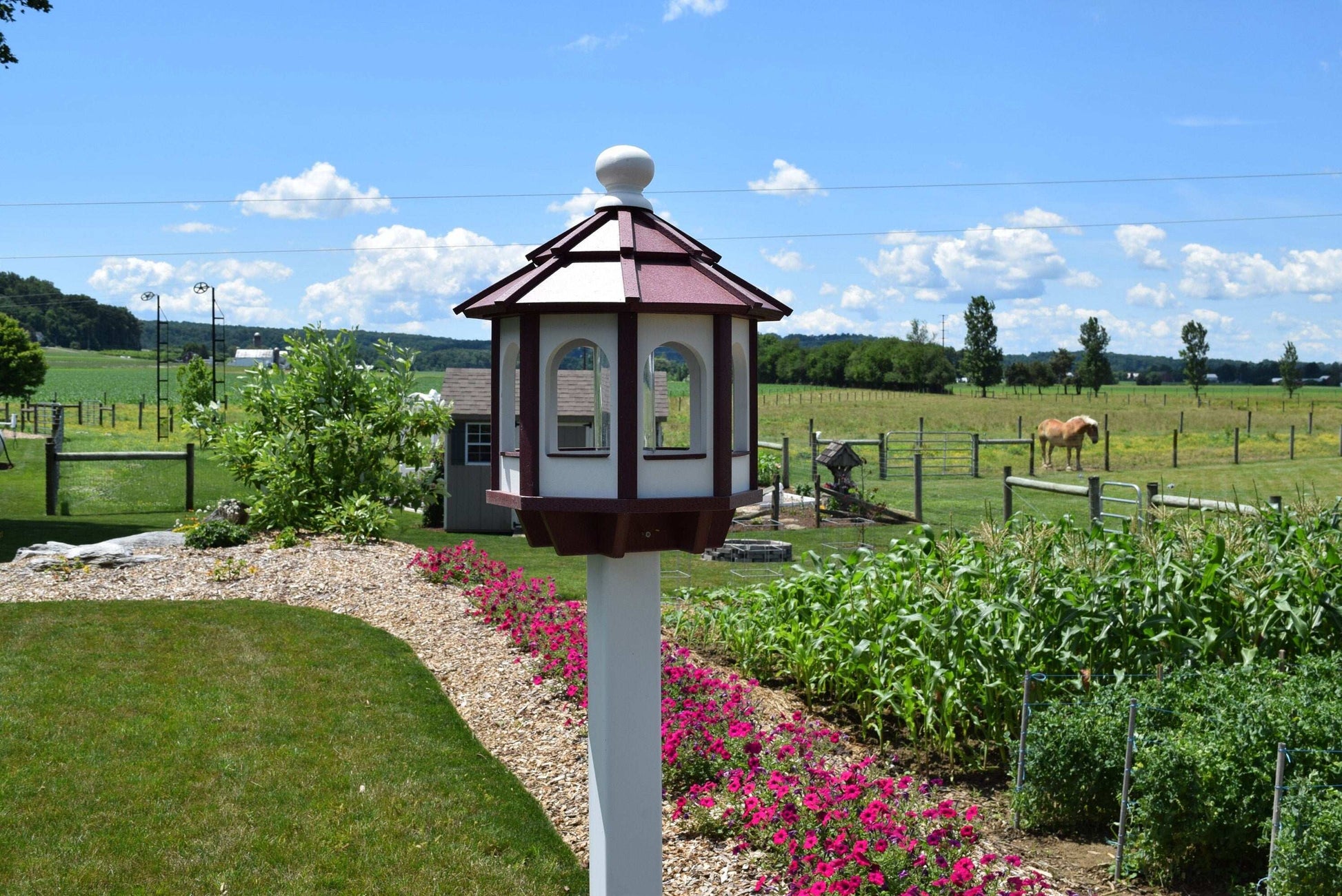 octagon bird feeder white and burgundy