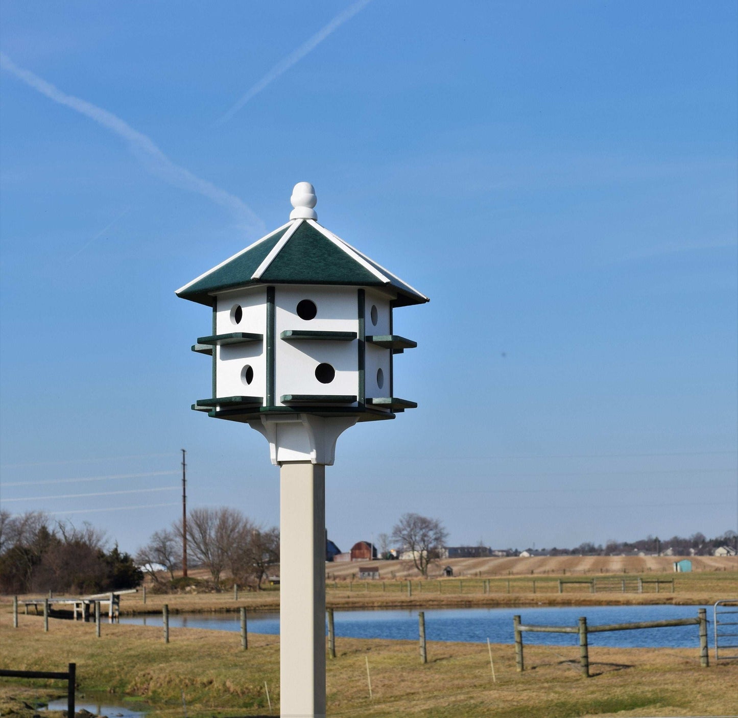 white and green poly martin birdhouse