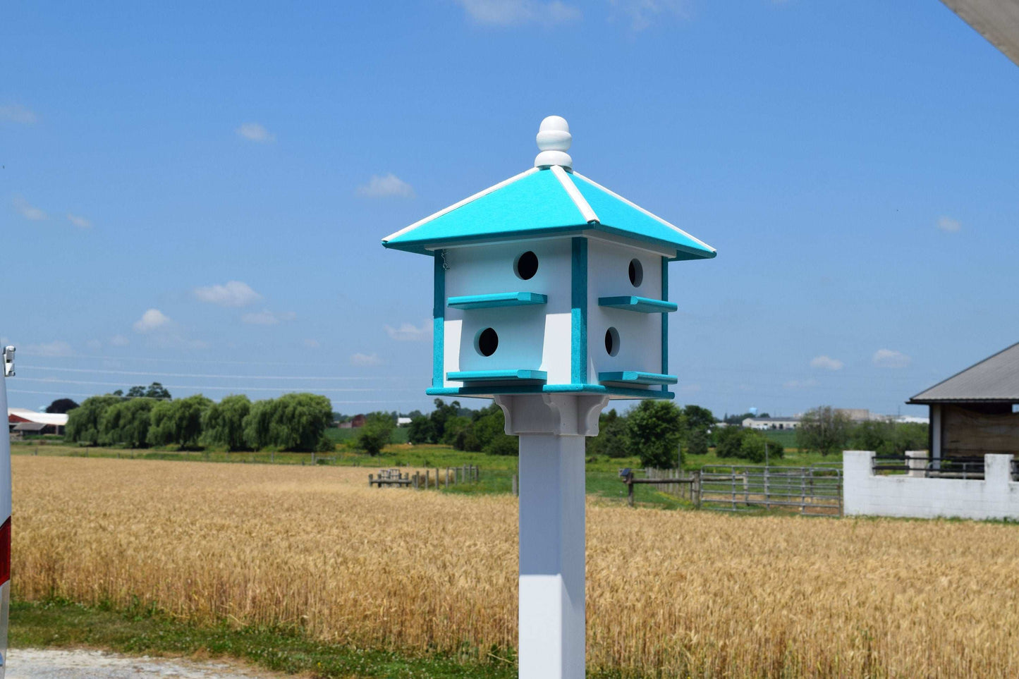 white and teal poly martin birdhouse