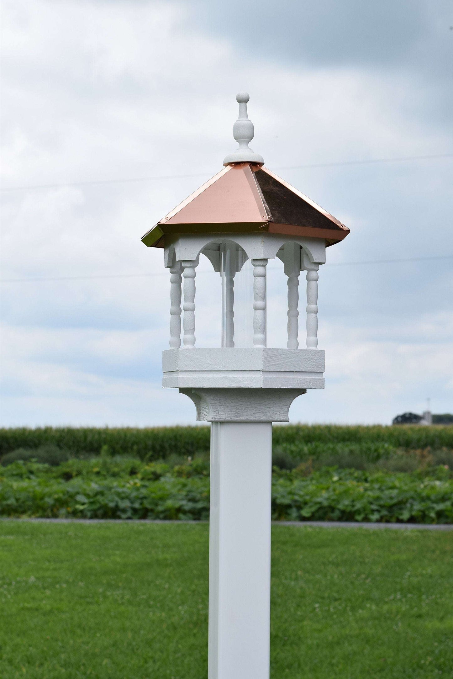 wood and copper spindle bird feeder amish