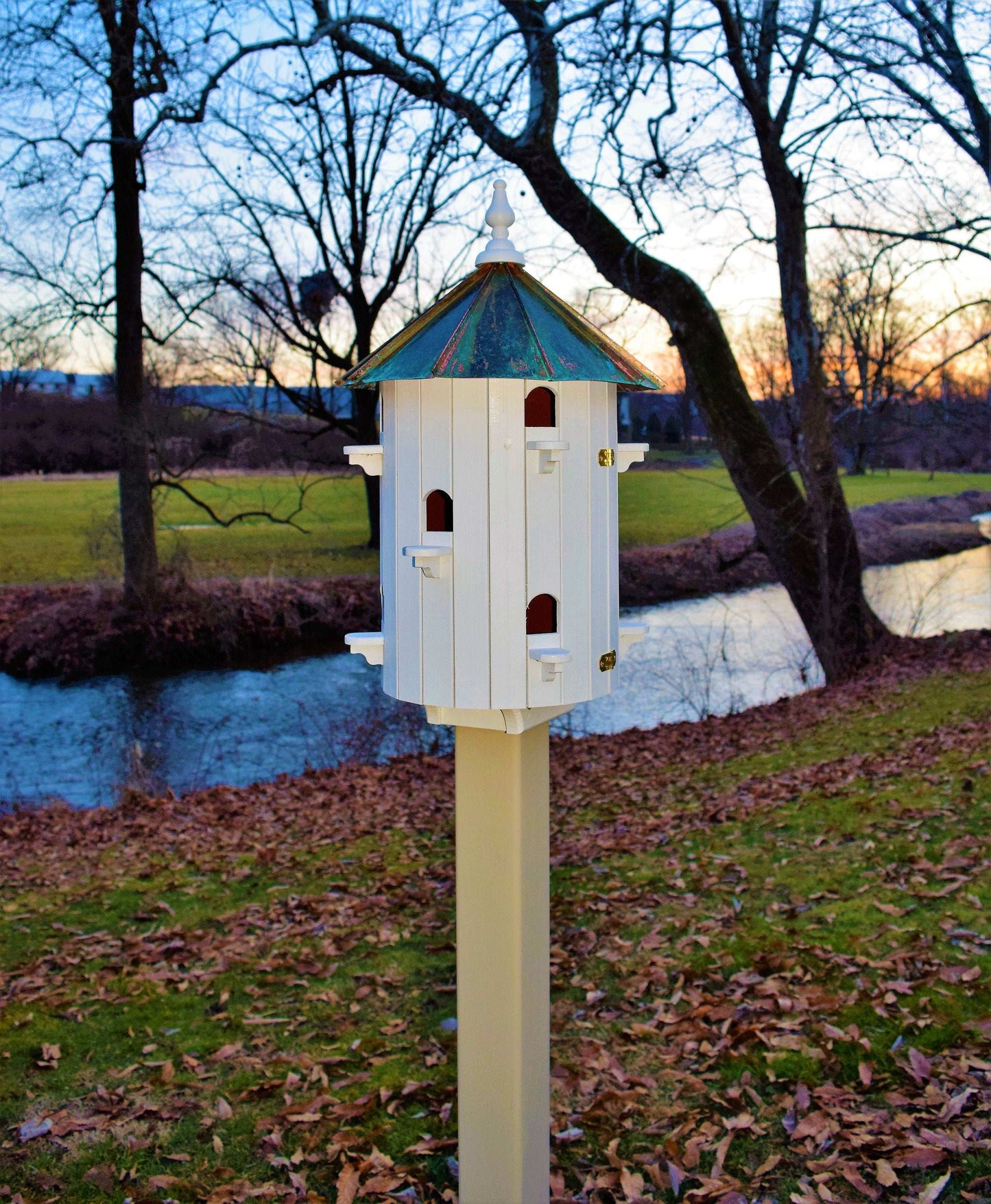 wood and patina 10 hole low roof birdhouse