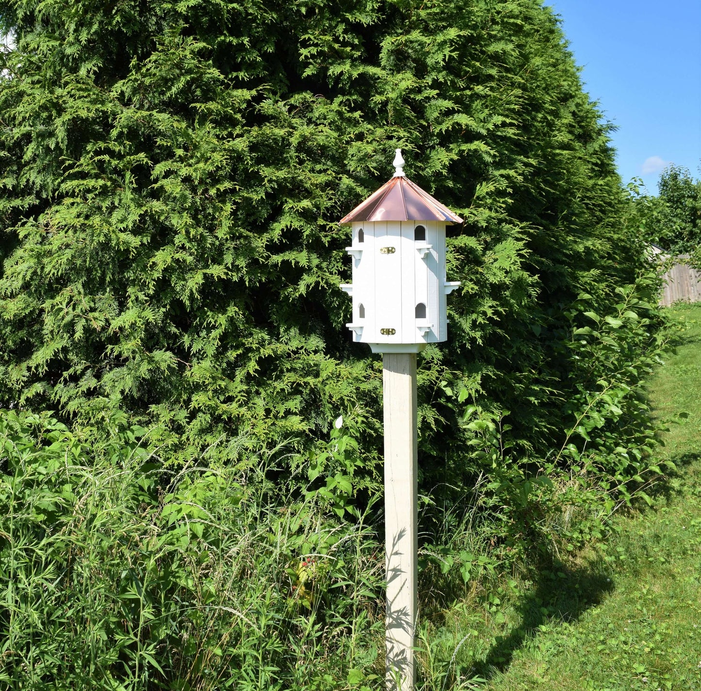 wood and copper low roof 10 hole birdhouse