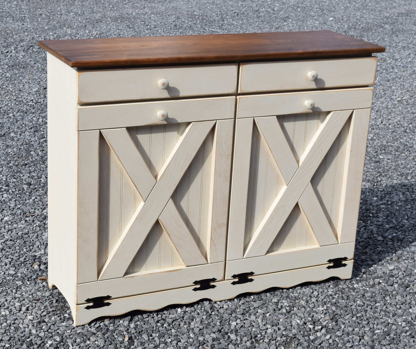 antique white and modern walnut amish double trash bin
