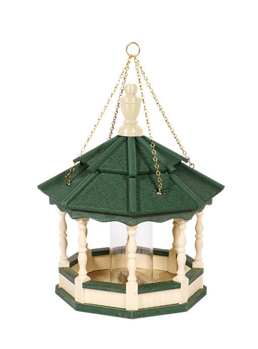 hanging small spindle poly bird feeder ivory and green