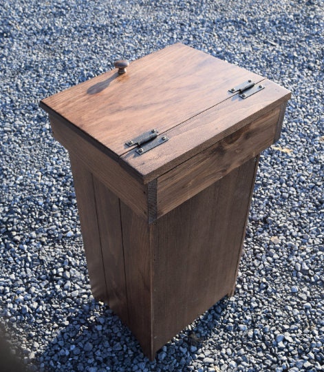 modern walnut upright trash bin top view