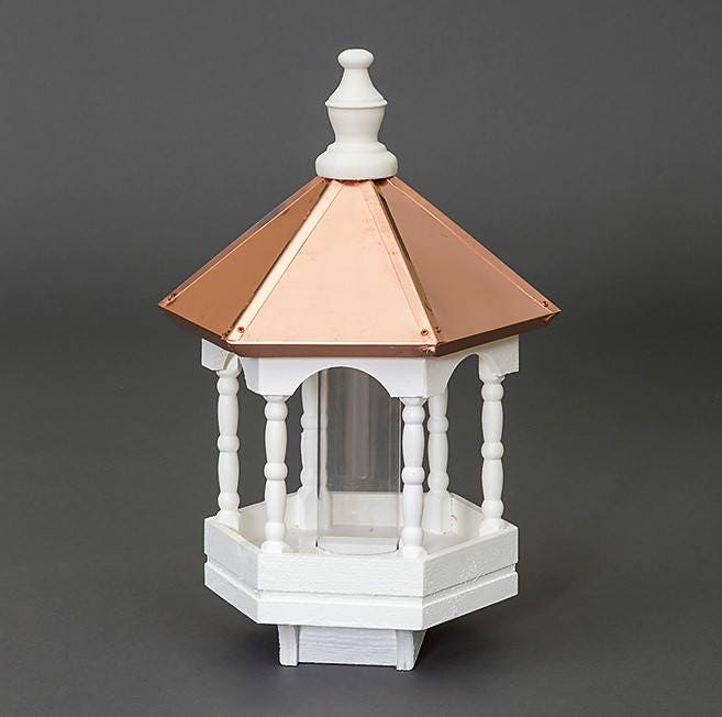 small wood and copper spindle bird feeder