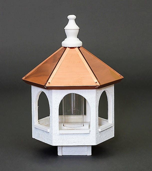 wood and copper arched bird feeder small