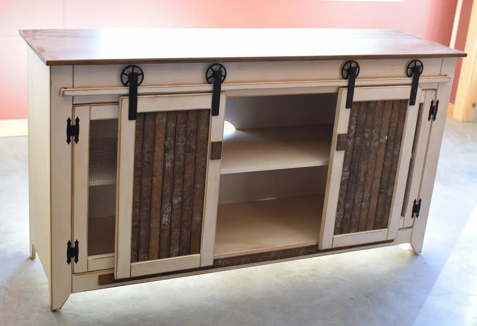 rustic tv cabinet with open doors
