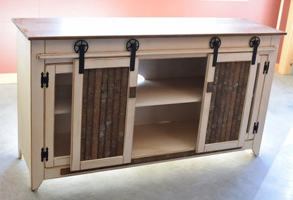 rustic tv cabinet with open doors

