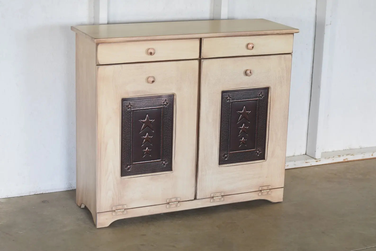antique white double trash bin with copper doors