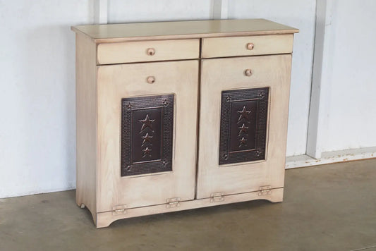 antique white double trash bin with copper doors
