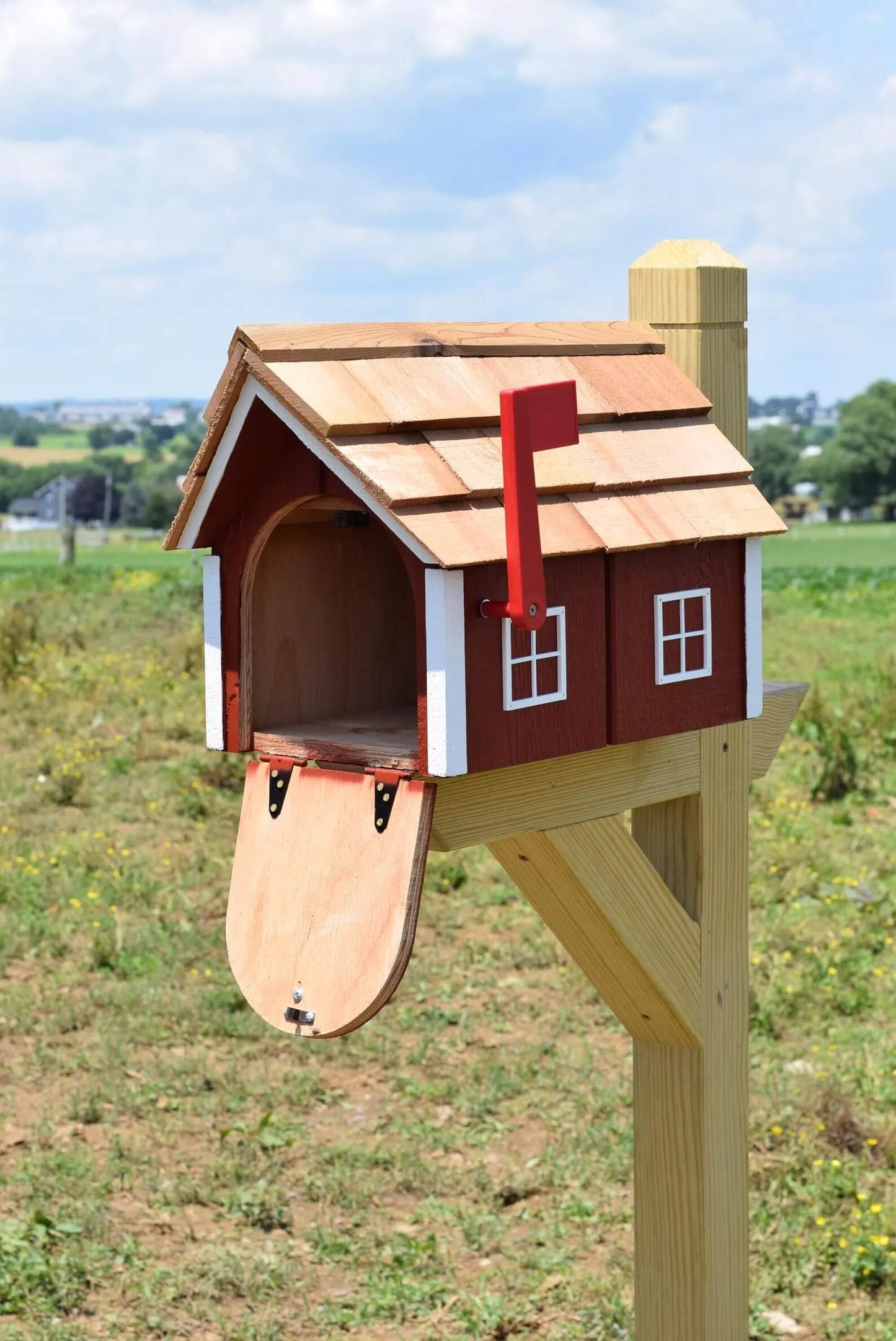 Amish wooden house mailbox open door