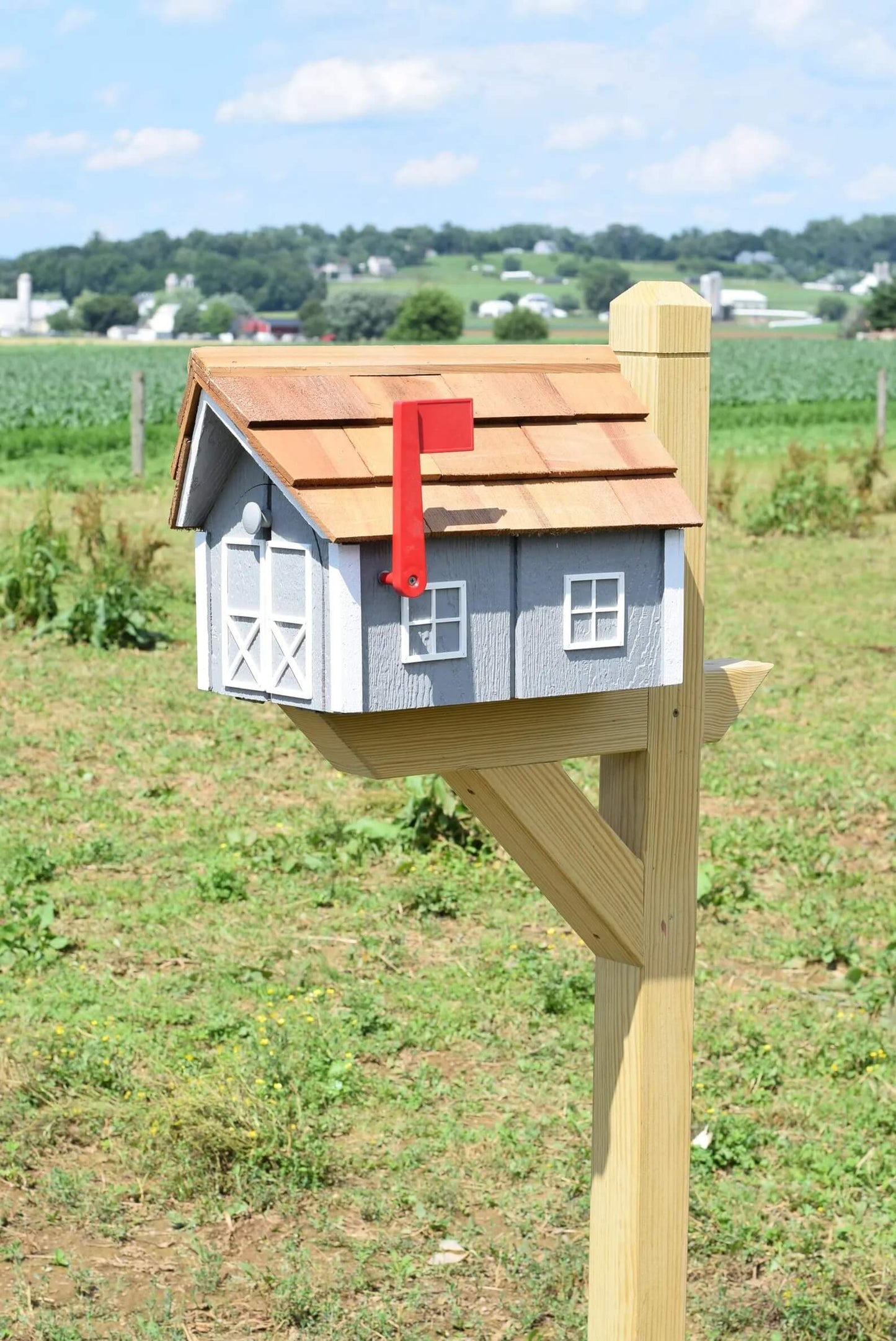 Amish wooden house mailbox grey