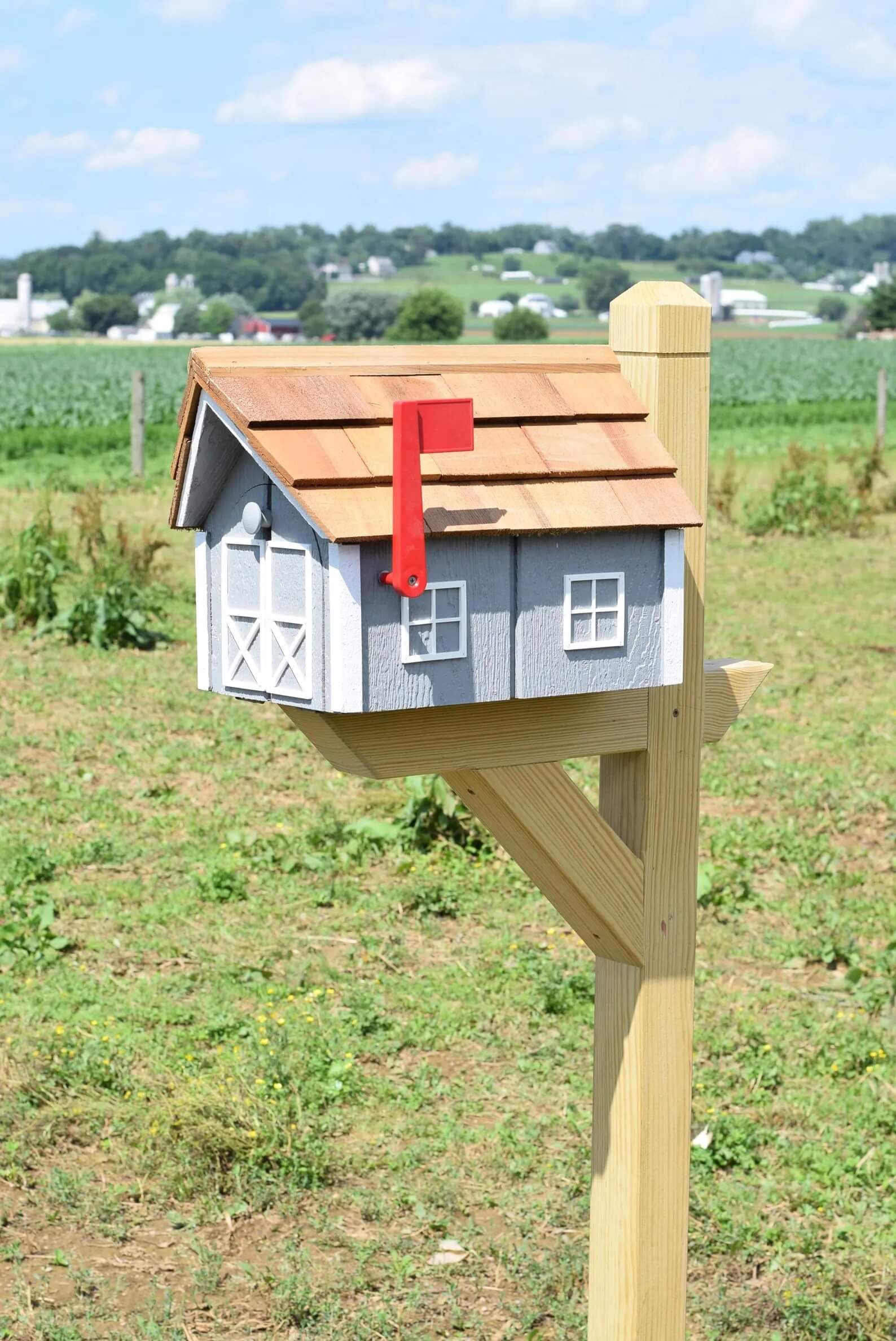 Amish wooden house mailbox grey