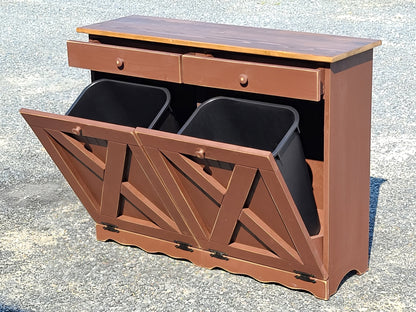 open drawers and open doors on burgundy red and modern walnut double trash bin