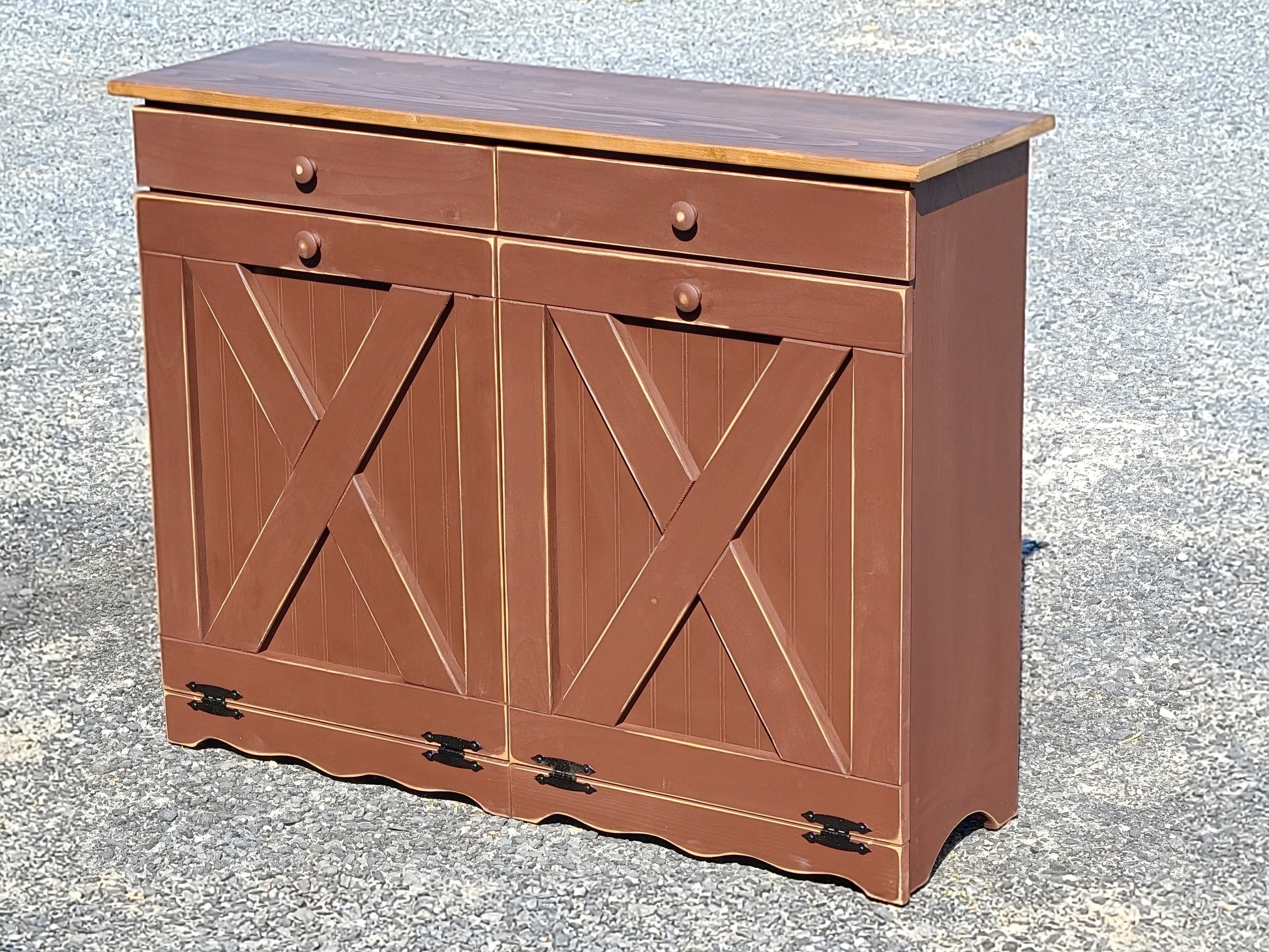 burgundy red and modern walnut double trash bin with x doors
