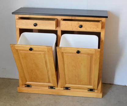 golden oak and black double trash bin
