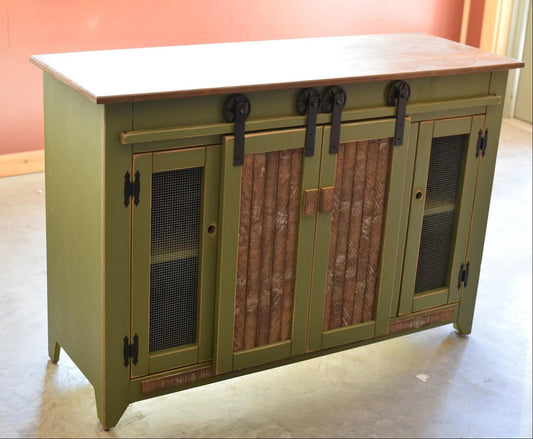 rustic wooden cabinet with green doors 