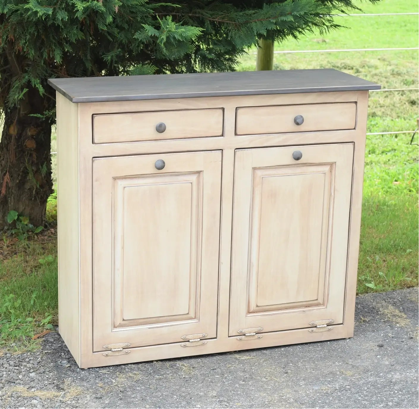 Antique white and black pewter double trash bin