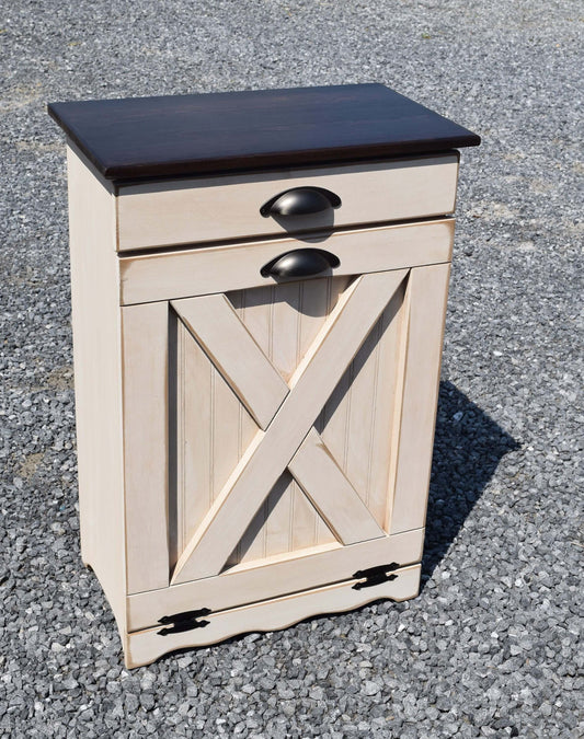 antique white and tobacco brown trash can with cup handles