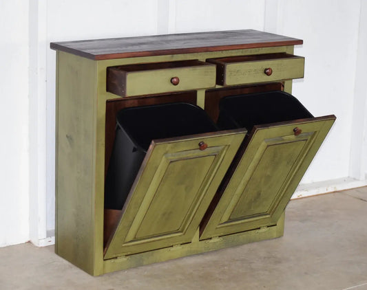 antique green double trash bin rustic