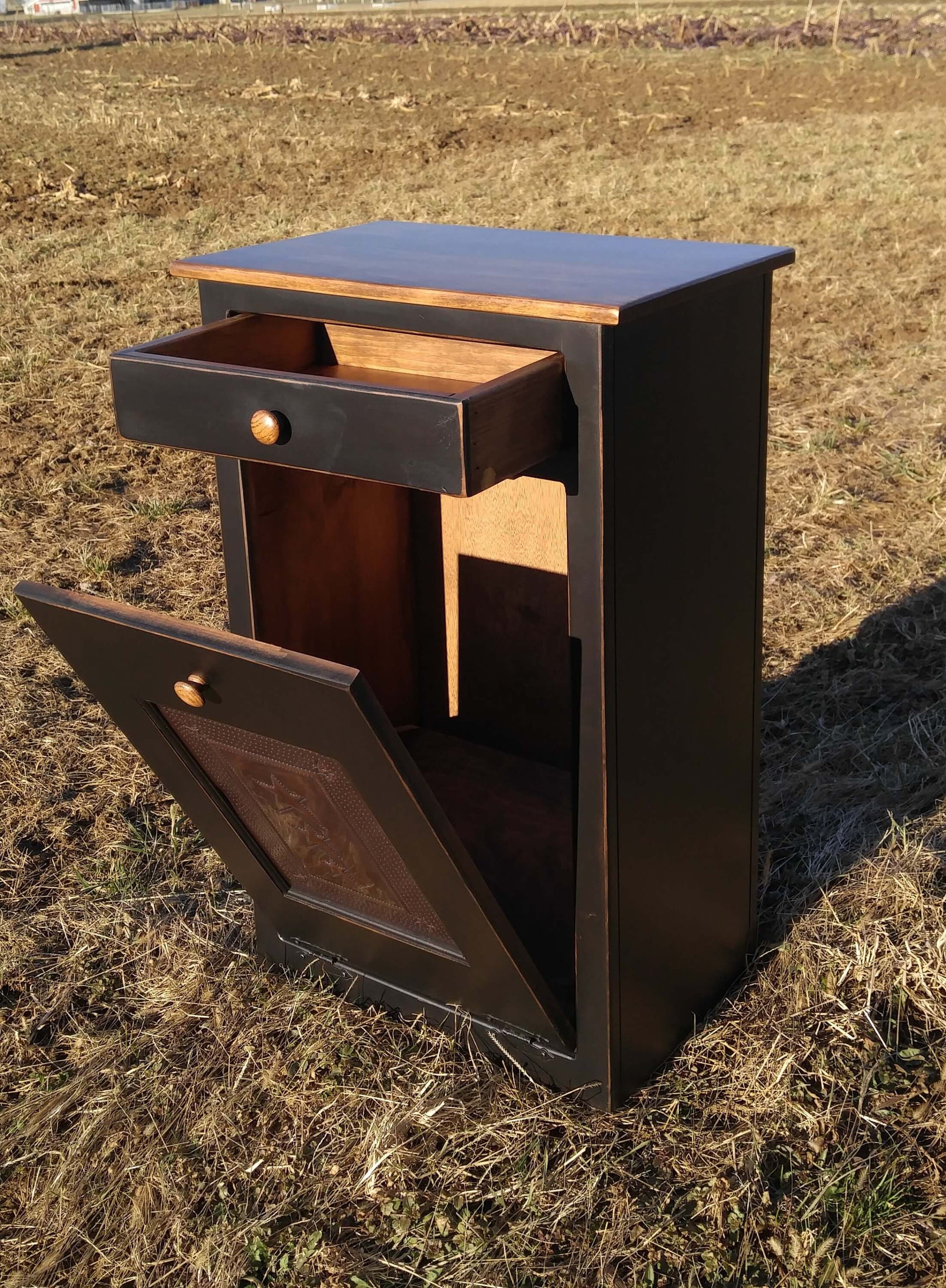black and special walnut trash bin with tin door