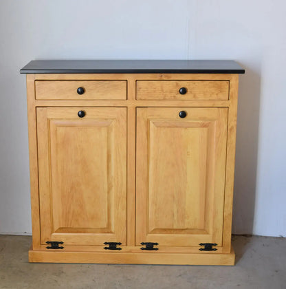 golden oak and black double trash bin with trim