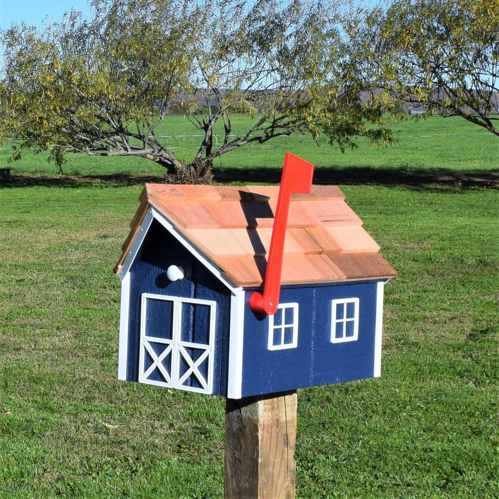 navy blue and white amish mailbox