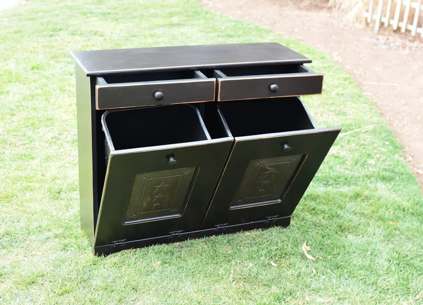 Open doors and drawers black double trash bin copper doors