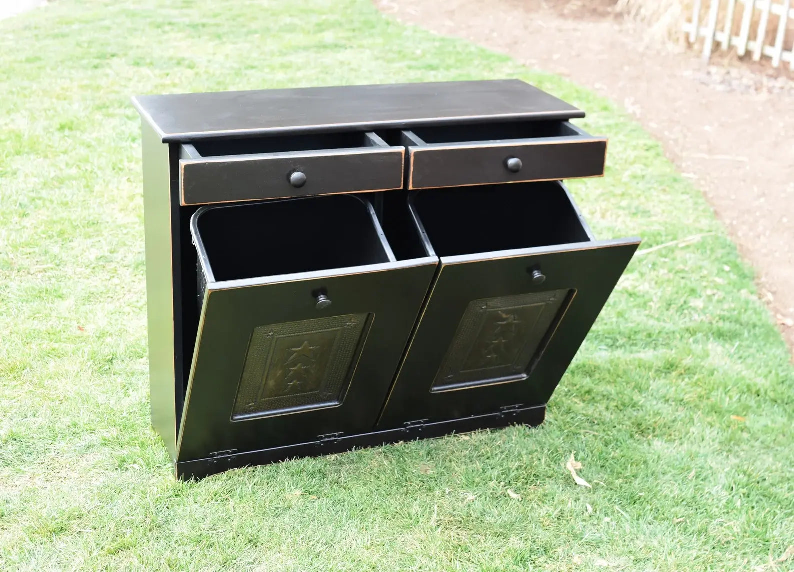 Open doors and drawers black double trash bin copper doors