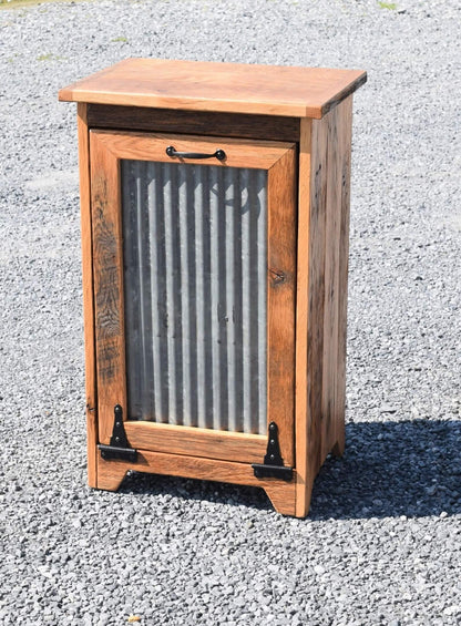 reclaimed oak trash bin with tin door