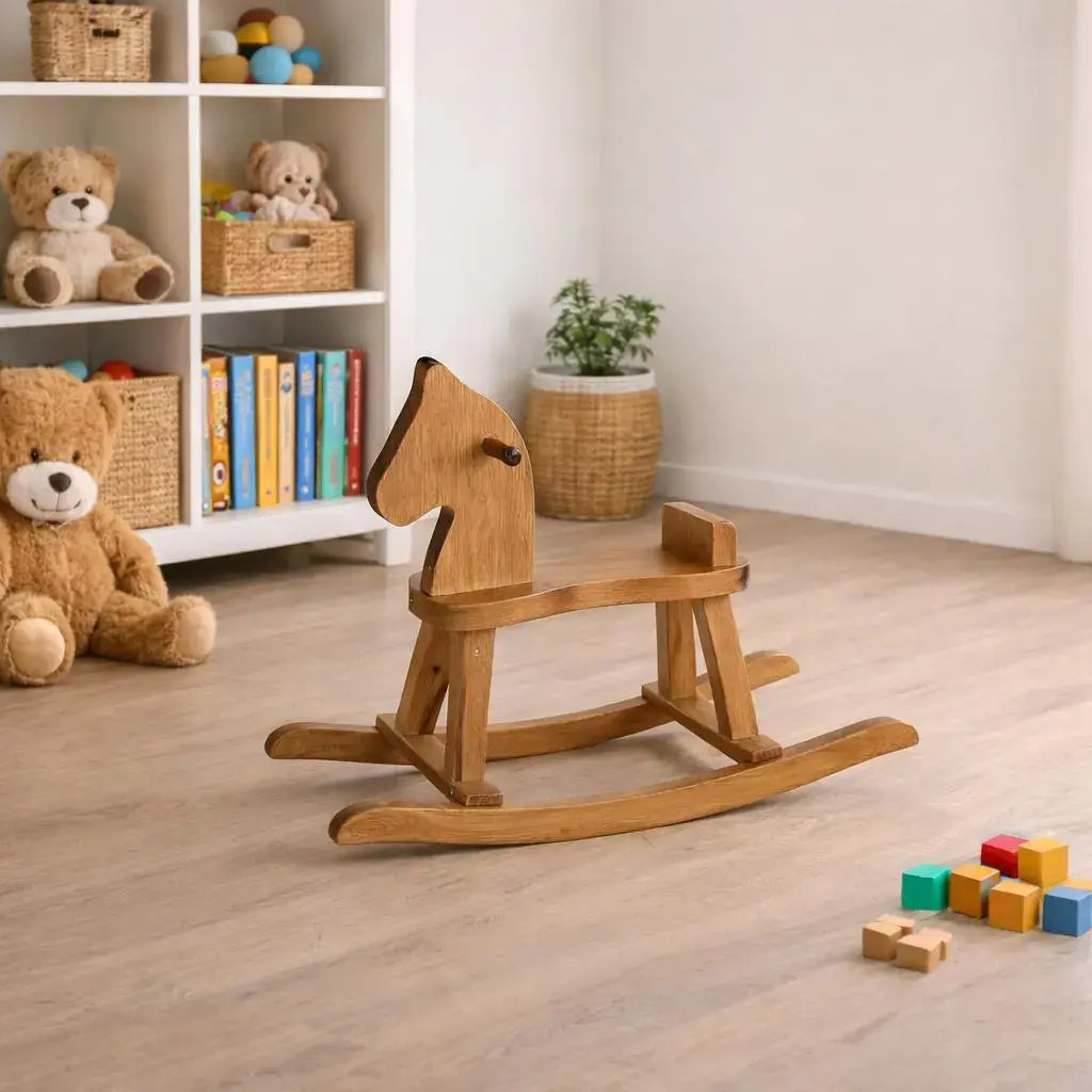 Wooden rocking horse in a room with toys and books
