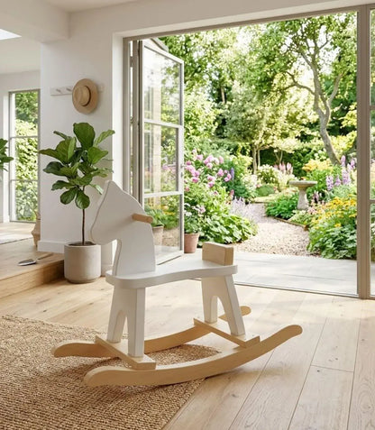 White rocking horse on a wooden floor with a garden view through a glass door.