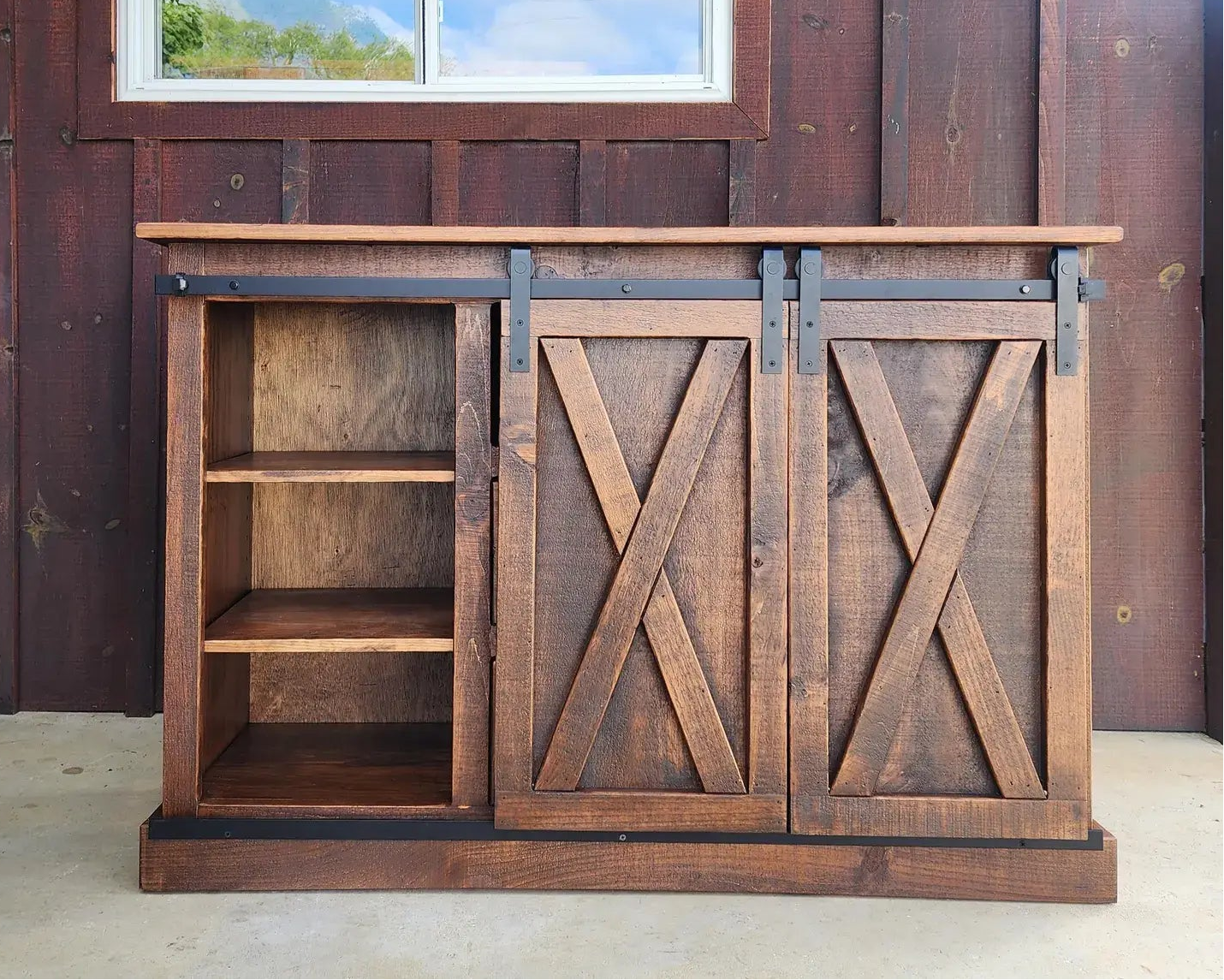 wooden tv cabinet with sliding barn doors 