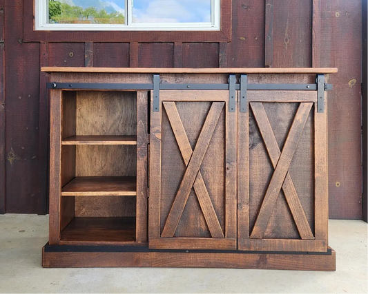 wooden tv cabinet with sliding barn doors 