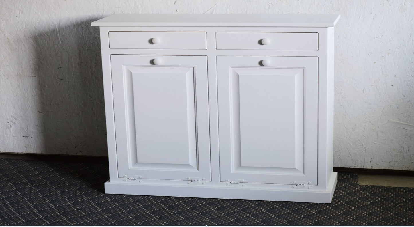 SOLID WHITE Primitive Amish handcrafted Double Trash Bin Cabinet (With Trim) 41qt. model